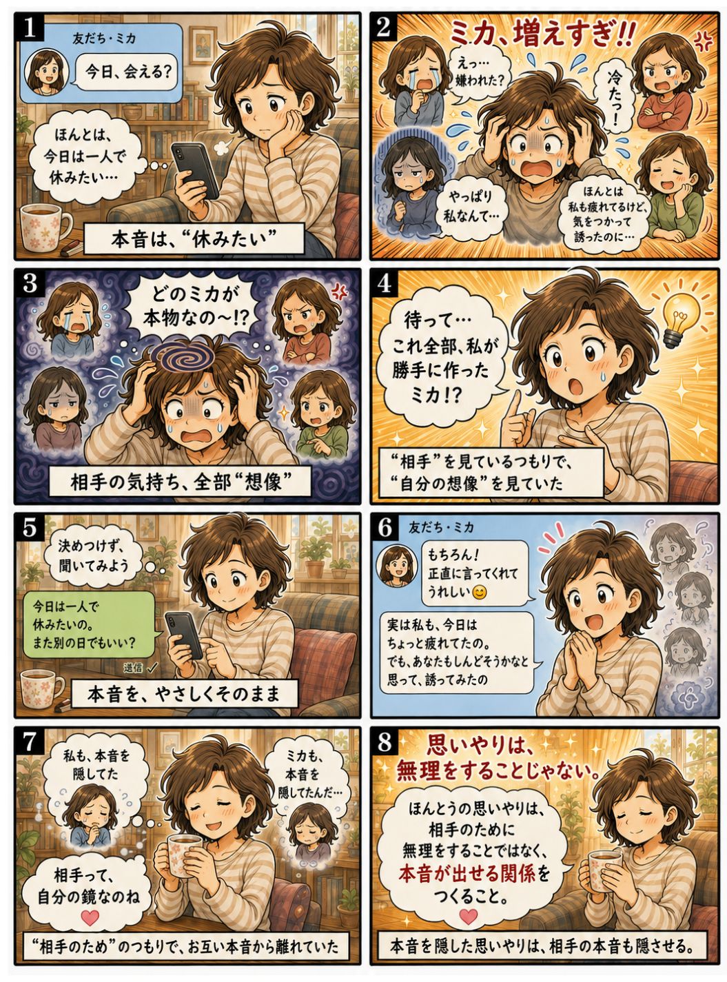 思いやりのつもりで、お互いに本音を隠してしまうことを描いた漫画