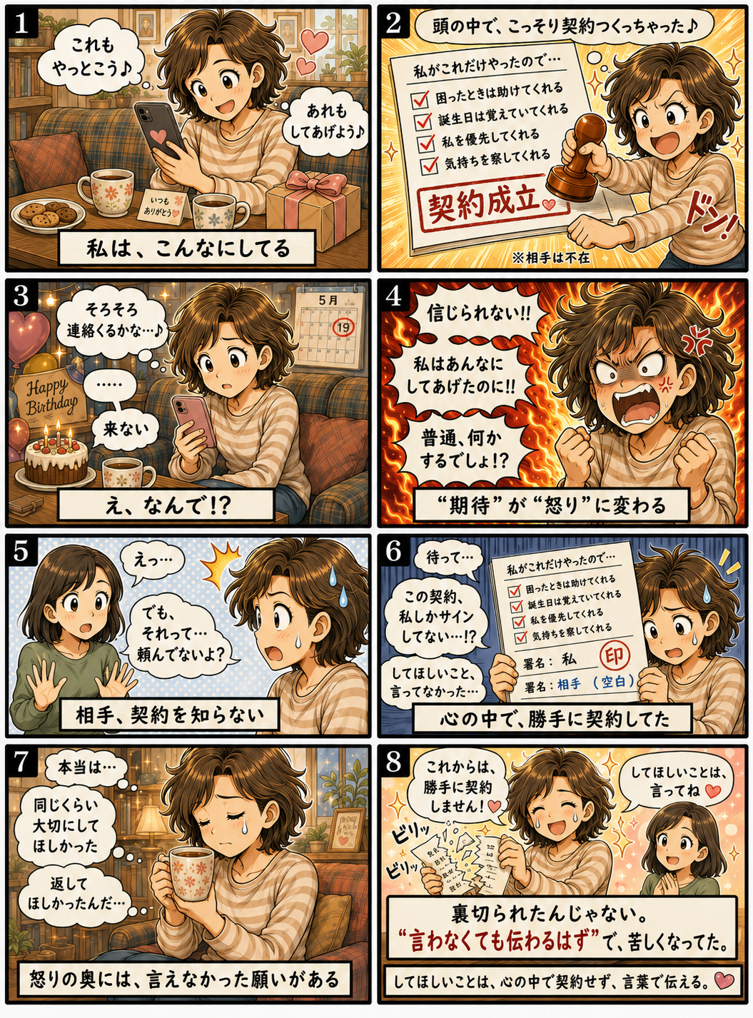 相手に伝えていない期待を約束のように思い込み、怒りに変えてしまう心の仕組みを描いた漫画